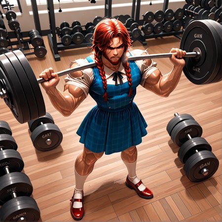 masterpiece, best quality, absurdres,
WSwolethy, scowl, strained, sweating, breathing_heavy, brown_beard, weightlifting, holding barbell,
gainz socks, gainz shoes, blue dress, gainz shirt, barbell, torn sleeves,
from front, wide shot,
gym, wooden floor, weights,
