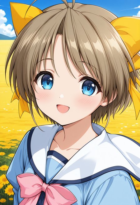 katase_yuki, blue eyes, brown hair, short hair, antenna hair, hair bow, yellow ribbon, pink bowtie, pink bow, school uniform, white sailor collar, blue shirt, long sleeves, puffy sleeves, <lora:katase_yuki_illustrious_ver1:0.8> 
smile,, masterpiece, best quality, general,, 1girl, solo, (field:1.2), (blue sky:1.2), looking at viewer,, (upper body:1.2), (close-up:1.2), (facing viewer:1.2), (open eyes:1.4), (portrait:1.2)