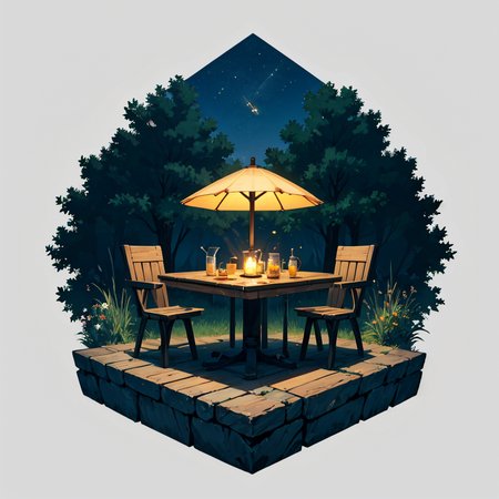 otherworldly, hexagonal composition, glass jar, wooden table, fireflies, night, outdoors, simple background  <lora:hexagon_composition_03:0.6>