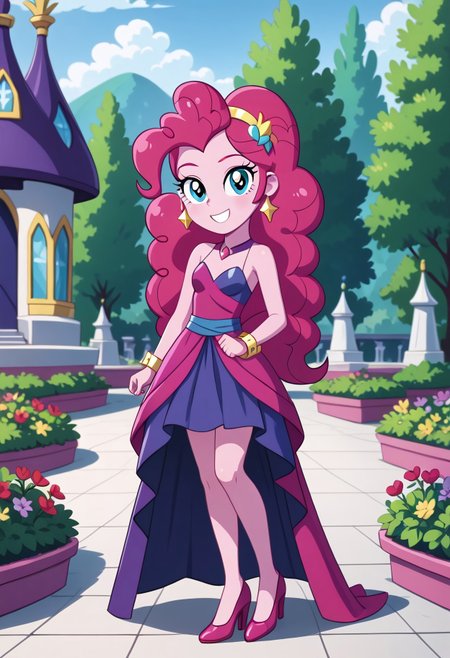 score_9, score_8_up, score_7_up, score_6_up, from My Little Pony Equestria Girls, a very young little human girl Pinkie_Pie wearing a fit blue|sky|green|brown|darkpurple|red|yellow gradients colors short princess dress, elegant detailed princess shoes, solo, 1girl, little princess girl, dark pink hair with crown hairband, smile, childhood, looking at viewer, glow detailed eyes, garden of canterlot, tul, chiffon, laces, semi realistic cartoon, unreal engine 5,  full body close-up, absurdres, digital art, soft light, perfect hands, perfect, hands, perfection, soft pink skin, skyblue eyes, party accesories and shoes, jewelry, tres chic,<lora:age_slider_v4:-4>,