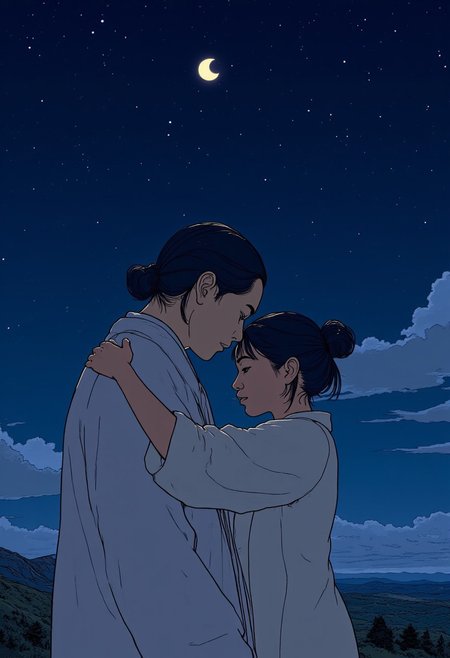 An illustration of a 26 year old Japanese woman. She has black hair tied up in 2 side buns. She is standing under the stars hugging a Japanese man. 
The night sky behind her. A crescent moon overhead.