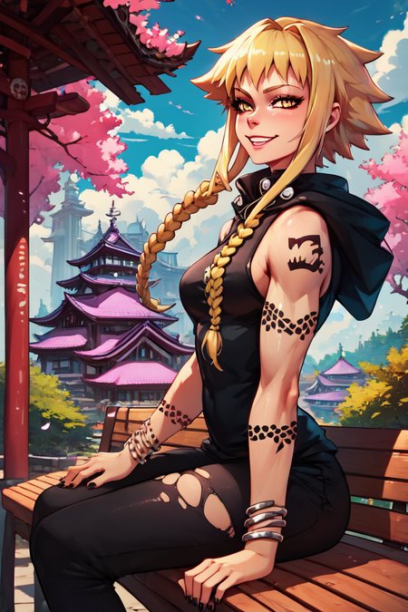 score_9, score_8_up, score_8, medium breasts, (curvy), cute, eyelashes,       BREAK, , zzMedusa, blonde hair, long hair, braid, yellow eyes, tattoo,  hood, jewelry, bracelet, sleeveless, nail polish, hoodie, braid, black nails,  <lora:Medusa_SoulEater_PDXL_v2:1.0>, BREAK, sitting on bench, side view, smile, looking at viewer, cowboy shot,  ,,, BREAK, pnkBldng, sky, day, cloud, tree, blue sky, building, architecture, east asian architecture,  ,,, BREAK, embedding:zPDXL, Expressiveh,  ,,, <lora:PinkBuildingsPDXL_v2:0.6>, <lora:SDXLFaeTastic2400:0.5>, <lora:Expressive_H-000001:0.4>