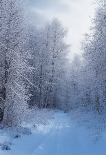 Landscape, very realistic photography, winter forest background with snow on the branches