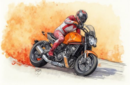 Sharp image of a rough sketch, rendered in vibrant multi colour ballpoint pen, capturing the adorable features of a portrait of asian woman with large breasts, perfect body riding a motorcycle on a track. The motorcycle is orange and black in color and has a sleek design. The rider is wearing a red and white racing suit and a helmet with a visor. They are in the middle of a turn, with their left leg extended and their right leg bent at the knee. The background is filled with orange flames and smoke, creating a dramatic and dynamic scene. The overall mood of the image is intense and powerful.  p3nsk, <lora:p3nsk:1>