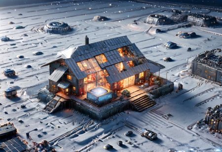 photo, sky galaxy as a backdrop, from above, high camera angle, snow, small tavern on mining robot plant on asteroid with  glass windows, landed space-ship landed module station, box, docks, industrial area, ral-semiconductor space-ship, large solar panel on roof, pipelines,
scenic background, epic landscape, scenery artwork, beautiful concept art, highly detailed, dynamic lighting, cinematic, realism, realistic, photo real, detailed, photo, dynamic lighting, (soft shadows), (soft focus), (photo realistic), full body character portrait landscape,