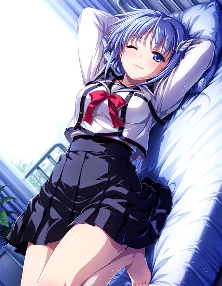 (1girl, solo:1.3), (2girls, 3girls, 4girls, multiple girls, 2boys, 3boys, 4boys, multiple boys:-1.5) <lora:Kajio_Honoka_Denshanai_de_Now_Illustrious:0.9>, kajio_honoka, medium breasts, blue eyes, blue hair, short hair, bangs, sidelocks, hair ornament, school uniform, serafuku, red ribbon, black skirt, pleated skirt, light smile, one eye closed, general, contrapposto, dynamic pose, arms behind head, portrait, from behind, from below, dutch angle, indoors, infirmary, clean, (white theme:1.3), bed sheet, pillow, head on pillow, on bed, lying, on back, wide window, outdoor view, curtains, plant, potted plant, (perspective:0.7), barefoot, <lora:NOOB_EPSv1_1_detailer_by_vlnvk_v1_0:1.5>, (photo background:0.7), day, (tachibana yuu:0.6), inue shinsuke, (kazuma muramasa:0.0), saikawa yusa, (aoi manabu:0.6), abarerumidori, (suzui narumi:0.6), masterpiece, newest, absurdres, 8K, anime screenshot, anime coloring, flat color, official art, film grain, <lora:illustriousXLv01_stabilizer_v1.185c:0.7>, <lora:LECO_Solo:-4.0>,
