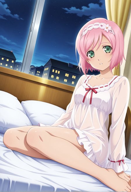 detailed eyes, beautiful, detailed background, perfect eyes,
source_anime, very aesthetic, anime coloring, masterpiece, official art,
<lora:HandFineTuning_XL:1>
BREAK,
bed, bedroom, indoor, night,
sitting, dynamic angle, full body, parted lips,
BREAK,
<lora:estelleX_illustriousXL_v03:0.9>
estellernd, pink hair, short hair, green eyes, bangs, 
white pajamas, white nightgown, hairband