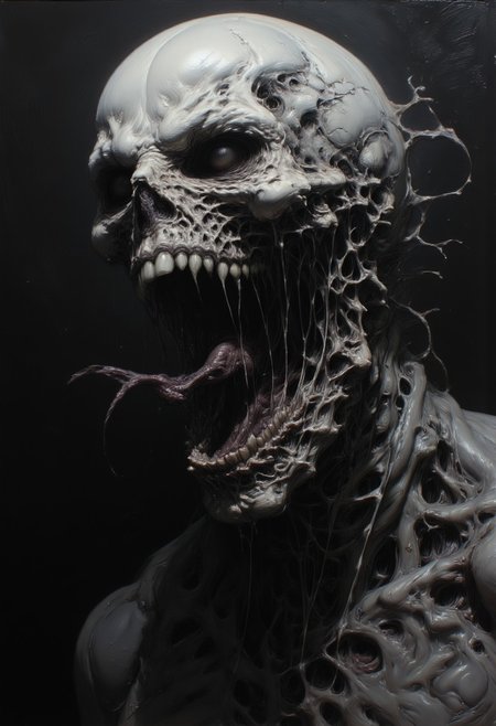 highly detailed oil painting of a skeletal skull with a grotesque, open-mouthed scream, exuding dark, smoky tendrils. The skull, rendered in shades of gray and black, appears to be disintegrating and his eyes are glowing in agony. The background is a muted black, enhancing the horrifying and eerie atmosphere. The image is a close-up, capturing the skull from the side and below angle.