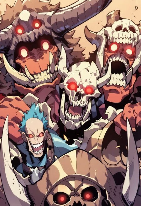 score_9,score_8_up,score_7_up,score_6_up, easynegative, Magnus_PS, open mouth, glowing eyes, skull, red eyes, no humans, monster, sharp teeth, male focus, upper body, armor, horns, multiple boys, epiCPhoto
