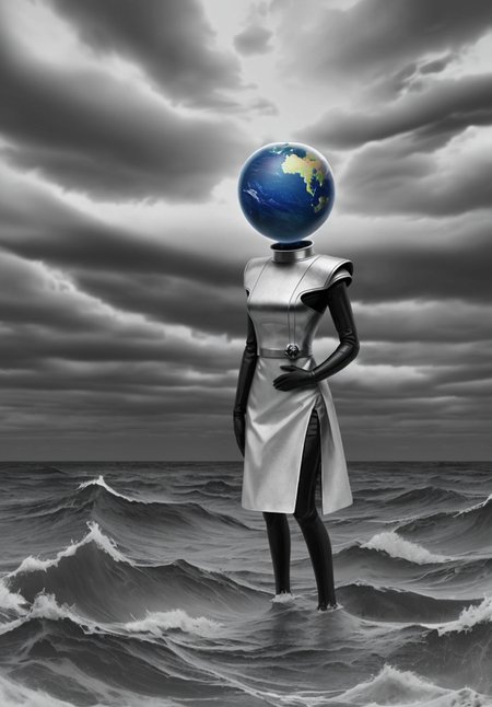 pop surrealist, a woman standing in the middle of the ocean, obsidian globe for a head, standing in a strom