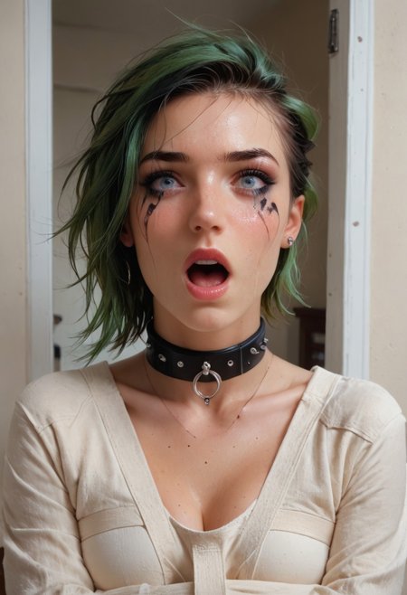 score_9, score_8_up, score_7_up, score_6_up, easynegative, Expressiveh, 
portrait view, extreme close-up of face, focus on face, tight shot of face, 
1girl (straitjacket, ((submissive slut)), (punk girl, face (gorgeous, perfect, flawless, stunning), French girl, short green hair shaved on one side, punk makeup, heavy mascara, mascara running, pale complexion, breasts (small, firm, perky), short, slender, AS-YoungestV2:2, best quality, petite, innocent), 
long shadows, light from open doorway, 
tears, shocked expression, struggling, rating_explicit,