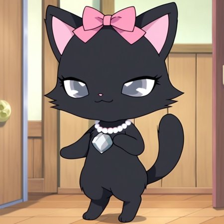 (score_7_up:0.6), (source_cartoon:1.2), 
indoors, 
standing,smile,happy, Full Body, Romantic, Small Body, Furry, looking_pleasured,  jewel pet, ((solo,1girl,female)),center,Diana,perfect diana,(black fur,black body),solo,grey eyes,((narrowed eyes)),mesugaki,mischievous_smile,naughty_face,insult,
no humans,animal,cat,cat ears,(pink inner ears),
jewelry,heart_gem,necklace,pink bow, right-handed,