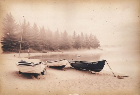 lith_argenta_Brom_Spezial_BBS151, instagram photo, a foggy beach with some boats, hard shadows, film grain