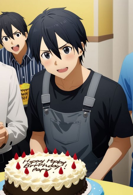 high resolution, professional photography, best quality, 1Boy, Kirigaya Kazuto, Black Hair, Black Eyes, overalldetail, surprise, birthday surprise, funny, birthday cake, birthday party