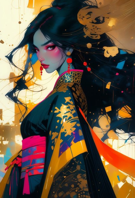 score_9, score_8_up, score_8_up, ((Cinematic composition)),((masterpiece)), (resplendent highlighting), 8k. 
1girl, (full body, facing camera, from low to the ground). beautiful Lebanese Chinese princess swinging a battle axe, a modern Chinese qipao of deep purple and black and gold, ((full body)) long naturally wavy black hair caught up by the wind. (resplendent highlighting of her face). Charcoal and colourful oil pastels. impressionistic bidimensional.
faded watercolours (Klimt :1.2) dadaistic collage (by Bill Sienkiewicz:1.5), strikingly alluring face. brilliant spotlight effect. A splash of paint explodes out of her chest. Vibrant thick dripping paint. Intense detail, realistic, dynamic shadows and contrasts.
surreal, intense colors, liquid, unreal parts, alluring, fluid, perfection, gothic. (Luminous skin dynamically highlighted), Illustration, (klimt:0.8) (Bill Sienkiewicz:1.5). maximum detail, Chinese watercolor and ink technique. Gold leaf highlights.
<lora:xl_more_art-full_v1:0.4> <lora:epi_noiseoffset2:1>3
