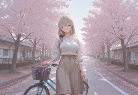 masterpiece, best quality, hyper-realistic, ultra-HD, luminous lighting, cinematic ambiance, shimmering gradients, ethereal glow, deep contrast, rich color tones, seductive atmosphere, captivating sensuality, Cinematic Lighting, raytracing, volumetric lighting, ambient occlusion, very awa, absurdres, amazing quality, ultra-detailed,8K,illustration,CG, 
shiny hair,clear skin,ultra-detailed-eyes,simple background,cute girl, eyelashes, slender, long hair, large breasts, (mature female:1.4), slim body, long lushes, long legs, flat stomach, enchanting eyes, usnr, 748cmstyle,
1girl, uzaki tsuki, facing viewer, sweater, long skirt, indoors, 
BREAK 
solo, 1girl, machikado, bicycle, ground vehicle, outdoors, cherry blossoms, tree, wide shot, scenery, bicycle basket, building, coat, day, real world location, road, photo background, cowboy shot, 