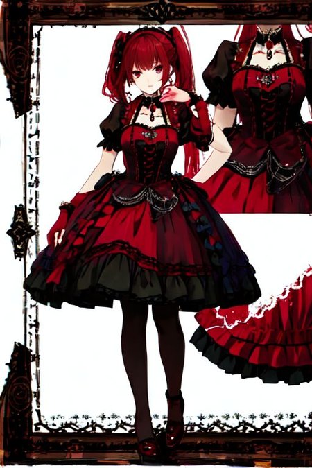 crimson_color dress, embroidery, jewelery, gown, frills, gloves/elbow gloves, high heels/shoes, pantyhose/thighhighs