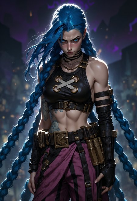 JinxA, young woman, full-body woman with a rude appearance, midriff, long braided blue hair, in bohemian style clothing, eyes blue.
<lora:FluxMythP0rtr4itStyle:0.6> <lora:flux.1_lora_flyway_Epic-Characters_v1:0.6> <lora:Elden_Ring_-_Yoshitaka_Amano:0.33> <lora:FluxJinxV2:1>
