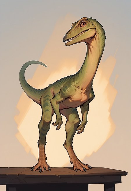 score_9, score_8_up, score_7_up, (solo), 1boy, solo, compsognathus, small feral dinosaur,  3 fingers, claws, dinosaur legs, orange eyes, green skin, kithcen, dinosaur on the table