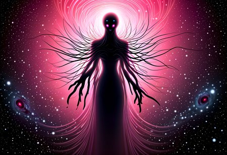 A striking and intricate portrait of a cosmic horror entity, its vast consciousness reaching across galaxies. With a single thought, it psychically dominates entire civilizations, which are represented by small planets orbiting around it. The entity itself is a hyper-minimalist design, yet extremely intricate, with a surreal and ethereal appearance. The scene utilizes volumetric lighting, best shadows, and shallow depth of field to create an atmospheric and delicate effect, capturing the essence of the cosmic horror., intense, pink eyes with a obsessive gleam, Mournfulness, sorrow, grief, lament, Frown, let the shoulders slump, and gaze downward, Trapping and digesting prey