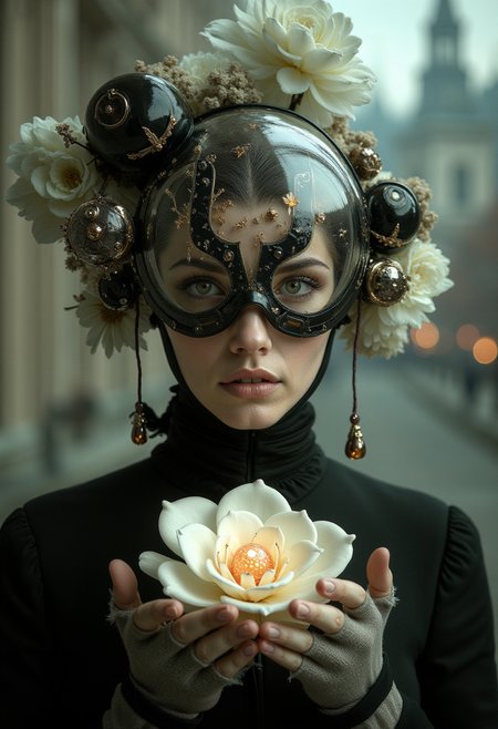 A high-fashion portrait of an interstellar aristocrat, their face partially obscured by an ornate glass-and-metal mask that pulsates with unreadable glyphs. Their attire is a blend of Victorian elegance and alien bio-fabric, forming intricate, petal-like layers that move subtly with their breath. Their fingers, elongated and encased in delicate exo-jewelry, cradle a small, levitating, luminescent orbâthe crystallized memory of an entire civilization. Behind them, blurred streaks of light paint a soft-focus vision of a utopian city, its gravity-defying towers shimmering like mirages. The lighting is soft, moody, and cinematic, evoking the depth of a classic **National Geographic** portrait with a sci-fi twist.