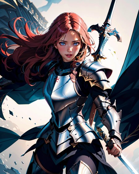 an illustration of a female paladin adorned in holy armor, wielding a sacred sword, furrowed brow, 
masterpiece, best quality, intricate detail, high background detail, high contrast,   <lora:emotion_angry_slider_v1:0.5>