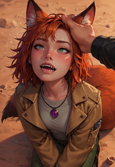 score_9_up, score_8_up, score_7_up, score_6_up, 1girl, 25 years old, perfect face, cute, petite, 
emerald eyes, bright pupils,
white skin, fox girl, fox ears, fox tail, animal ear fluff, animal ears, tail, large tail, sharp teeth, 
red hair, messy hair, 
(freckles),
pendant, ((purple pendant)), purple necklace, 
grey shirt, leather coat, yellow jacket, 
cargo pants, 
desert, headpat, petting, hand on another's ear, eargasm, drooling, saliva, enjoy, from above, kneeling, 