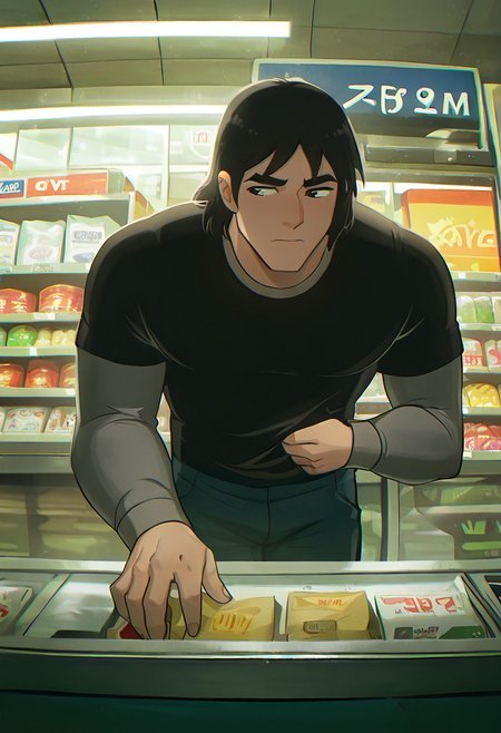 masterpiece, best quality, amazing quality, very aesthetic, absurdres, newest,
kevaf, black hair, 1boy, solo, black shirt, layered sleeves, short over long sleeves, thick eyebrows,
in grocery store, supermarket, japanese supermarket, fisheye lens, looking at package, inside supermarket, gas station, stealing, putting hand inside shirt, looking away, fishseye, cctv,