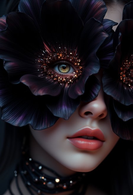 A hyper-realistic digital rendering featuring a surreal composition of a woman's face adorned with a large, black flower that covers her eyes, except for a single, (central eye framed by the flower petals:1.5). The petals are delicate and vivid, with smooth edges that curve gracefully, creating an organic flow. The flower displays soft dark black and dark purple iridescent hues , with the eye's iris in sharp contrast—an amber-gold color with intricate, crystalline detail. The lighting is dramatic, casting subtle shadows on the woman's porcelain skin, highlighting the gloss of her lips and the smooth texture of her complexion. Her lips are plump, in a rich, glossy coral-pink shade. Around her neck, she wears a multi-layered rope that ties her neck gently , with some loose pieces of rope
, which is deep black, drawing attention to the subject in the foreground. The soft lighting creates a sense of depth and adds dimensionality to the image, giving the illusion of a photograph. The overall composition has a dreamlike, fantastical quality with a blend of photorealism and surrealism. 