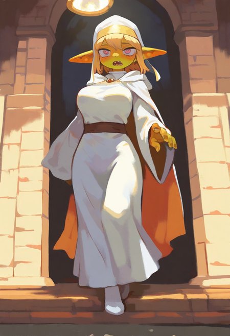 masterpiece, best quality, very aesthetic, high resolution, ultra-detailed, absurdres, newest, extremely detailed eyes, beautiful, perfect lighting, hi res, amazing quality, very awa, Brightly Lit, Highly Visible, 8k, sharp focus, beautiful, perfect lighting, volumetric lighting, scenery, painting_(artwork), KTNK_ST, CTSTL, goblin priestess, priestess robes, official artwork, 1girl