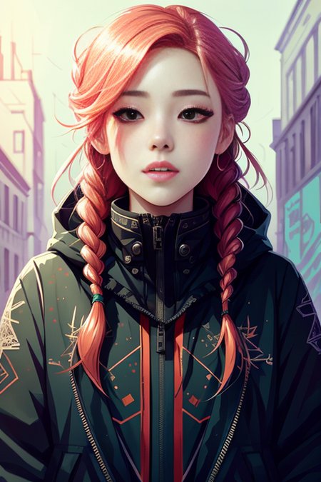 kasiq jungwoo art style, a study of cell shaded portrait of a female, tattoo head, braided colorful hair (techwear outfit), cybertech, digital watercolor, street art, apocalypse background, junkyard, grafitti wall, concept art by josan gonzales and wlop, by Victo ngai, highly detailed, sharp focus, Trending on Artstation, HQ, llustration, digital art, film, studio lighting, detailed skin, ultra realistic, bokeh, sharp features