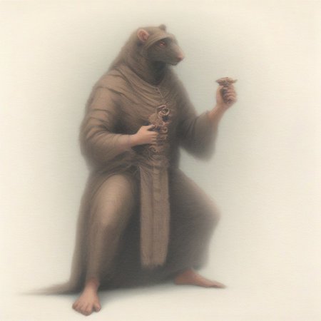 score_9, score_8_up, score_7_up, oblivionarts, ratfolk, furry rat, female focus, solo, 1girl, black fur, red eyes, big breasts, brown loincloth, beach background, traditional art, medieval aesthetic, best quality, detailed, masterpiece, Expressiveh, holding coconut, pamcocomat