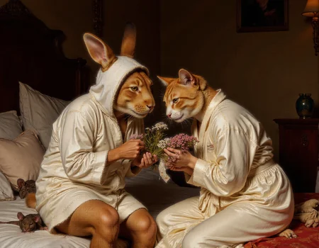 full body shot of Rembrandt style <lora:antr:1>, A comical and lighthearted scene of an anthropomorphic rabbit and cat sharing a tender yet humorous moment on a cozy bedroom bed. The rabbit, wearing mismatched pajamas or a funny nightcap, is leaning in for an awkward but sweet kiss with the cat, who is dressed in a silky robe and holding a bouquet of wildflowers like a romantic gesture. Their exaggerated facial expressions show nervousness and excitement, as if it's their first date. The bed is slightly messy, with playful details like heart-shaped pillows, a teddy bear peeking out from under the blanket, and a 'Do Not Disturb' sign hanging on the bedpost. Soft warm lighting creates a charming atmosphere, while subtle comedic elementsâlike a pet mouse hiding under the bed or a spilled glass of milkâare scattered around the room . Baroque, chiaroscuro, realistic, emotional, "flat lighting. Whole outfit, clear, sharp, balanced