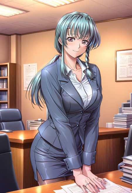 masterpiece, best quality, newest, highres, uncensored, 1girl,Kisaragi Shizuka,Long hair,Teal hair,Tiny Braid,Violet eyes,large breasts,
 large breasts, brown_eyes, long hair, hair intakes, bang, sidelocks, ponytail, hairclip,   slender face,,v arms,solo, skirt, pantyhose, skirt suit, office lady, suit, pencil skirt, formal, smile, shirt, looking at viewer, ring, jacket, blue skirt, white shirt, jewelry, standing, blue jacket, long sleeves, collared shirt, closed mouth, dress shirt,
office, room,