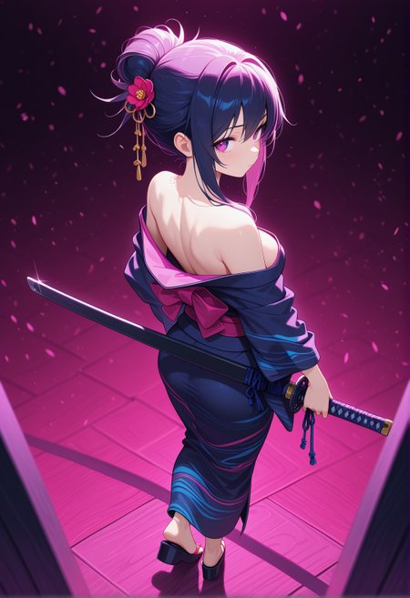 <lora:ck-neon-retrowave-IL-000012:1>, in the style of ck-rw, 1girl, depth of field, full body, looking back, looking at viewer, from above, hair bun, short hair with long locks, kimono, off shoulder, katana,
masterpiece,best quality,amazing quality
