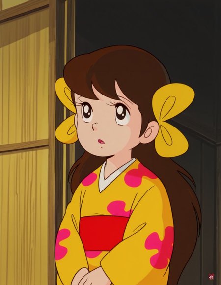 masterpiece, best quality, 
<lora:Sakura:1>, saku4a, long hair, brown hair, black eyes, yellow kimono, multiple hair bows, 1980s \(style\),
