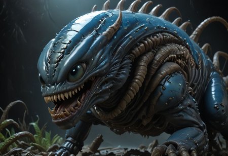wideshot, xenomorph chonkasaurus, scifi, slimey, raytracing, HD, 4k, floating energy, night, dark, blue eyes, (energy effects:1.3), <lora:chonkasaurus-000003:1>, <lora:add-detail-xl:2>