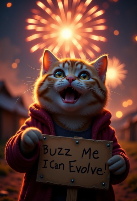 A cute cat, watching some fireworks with an over the top shocked facial expression, holding a sign  it says "Buzz Me So I Can Evolve!", realistic, cinematic shot, head tilted back, large eyes, pointing at the viewer,
