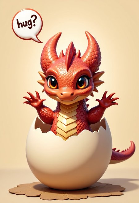 The picture captures the moment when a chibi dragon hatches from an egg, the head looks out of the top of the egg, the shell is on his head, the dragon looks super cute at the viewer, above him is a speech bubble with the inscription "hug ?", cuteness overload, its scales have rainbow colors, the dragon stretches its arms out to the viewer