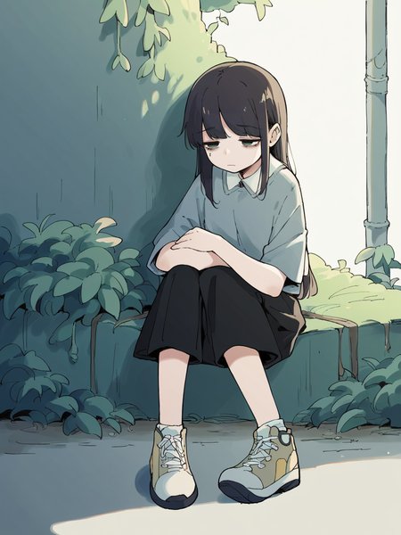 source_anime, score_9, score_8_up, score_7_up, score_6_up, score_5_up,  <lora:4m00lXLP:1> 4m00l, 1girl, tired, sitting