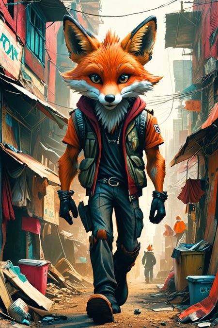 Detailed digital illustration of an anthro Fox (Walking away confidently, leaving an impression) at a Megacity slums with makeshift cyber clinics, <lora:xl_more_art-full_v1:0.5>,  <lora:anthro_muscular:0.7>,  <lora:MJ52:0.6>, <lora:madpunk:0.4> madpunk