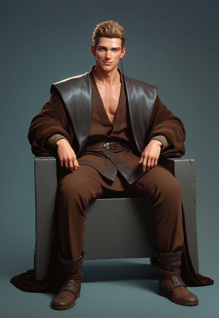 score_9,score_8_up,score_7_up,score_6_up, 1boy, boy,(handsome, cute) solo, blue eyes, blond hair, sitting on chair, smug,, very short hair,(muscular body:0.8)), Sci-fi Environments, Sci-fi chair, jedi robe, 1boy, male focus, full body,  jedi robe, belt, brown clothes, robe, coat, Coruscant