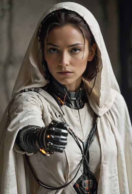 rc-scene, cyborg woman reaching hand to viewer, white linen cape, wires, cables, old technology, outworn and dirty,
atmospheric haze, Film grain, cinematic film still, shallow depth of field, highly detailed, high budget, cinemascope, moody, epic, OverallDetail, 2000s vintage RAW photo, photorealistic, candid camera, color graded cinematic, atmospheric lighting, imperfections, natural, shallow dof