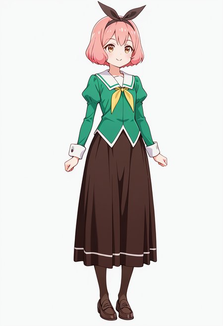 masterpiece,high quality details,absurdres, 
 <lora:Koshiba_Mai:0.8>
mar_cnr, 1girl, pink hair, short hair, bangs, brown eyes,black hairband,
mar_s1,green shirt, white sailor collar, serafuku,long skirt,black-brown skirt, juliet sleeves,pantyhose, loafers,, simple background, white background, front view,solo,, c:,