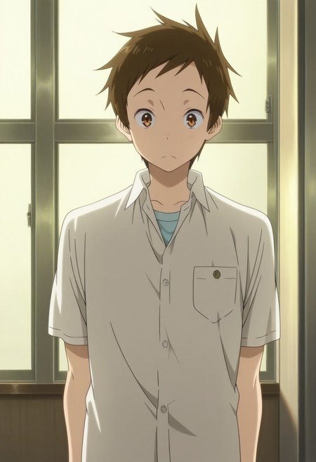 masterpiece,best quality,amazing quality, source_anime,
SatosFukube, 
1boy, male focus, solo, brown eyes, brown hair, school uniform, shirt, white shirt, collared shirt, short sleeves,