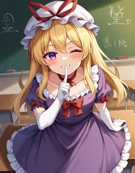 score_9, score_8_up, score_7_up, source_anime, <lora:yukari-yakumo-ponyxl-lora-nochekaiser:1>, yukari yakumo, purple eyes, blonde hair, sidelocks, long hair, hair bow, bangs, multiple hair bows,, choker, dress, elbow gloves, frilled dress, frills, gloves, hhat, hat ribbon, mob cap, puffy short sleeves, puffy sleeves, purple dress, red bow, red ribbon, ribbon, ribbon choker, short sleeves, white gloves, white hat, classroom, desks, chalkboard, students, teacher, , <lora:shushing-ponyxl-lora-nochekaiser:1>, shushing, finger to mouth, index finger raised, from above, library, smile, blush, one eye closed, dutch angle,, looking at viewer, solo,, dutch angle, cowboy shot