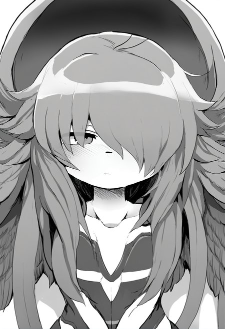 masterpiece, hyper detailed, best quality,(furry:1.3),greyscale, monochrome, solo, 1girl , long hair, white background, simple background, hair over one eye  ,<lora:DAGASIXLlokr8f-000188:0.95>