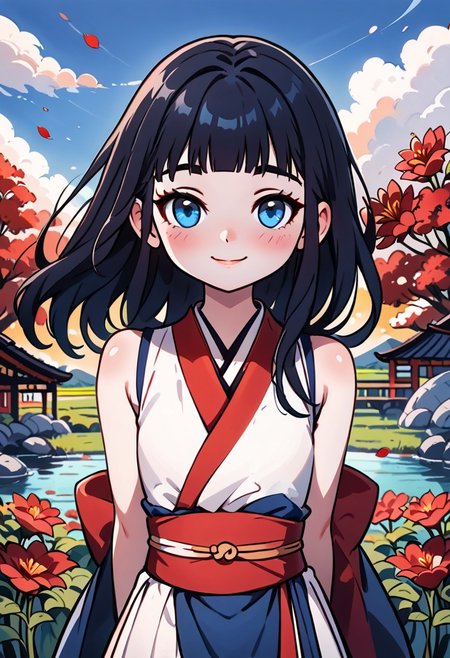 (masterpiece, best quality, highres), 1girl, solo, black hair, long hair, straight hair, blunt bangs, blue eyes, flat chest, narrow waist, petite, pale skin, looking at viewer, blush, light smile, leaning forward, arms behind back, kimono, red bows, red spider lily flower, harbor, sleeveless, portrait, wind, floating hair, wind lift, sunset
