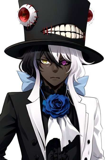 shiromi, hat, dark skin, yellow eyes, heterochromia, white hair, flower, long hair, blue flower, multicolored hair, black hair, top hat, blue rose, rose, 1boy, black headwear, dark-skinned male, formal, purple eyes, black sclera, cracked face, colored sclera