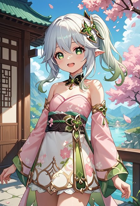 1girl,
nahida, my nahida, genshin
skinny, 
pink kimono, floral prints, white short skirt, sleeveless kimono, strapless kimono,detached sleeves,
 blush, 
cherry blossom, outdoor, happy,
detailed eye, detailed face, detailed skin,
score_9, score_8_up, score_7_up,source_anime,